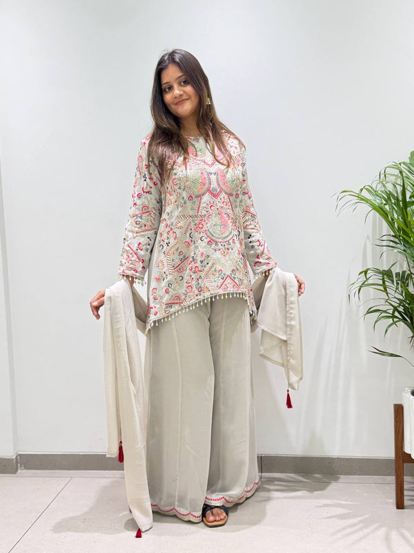 Grey Faux Georgette Sequin Kurta Palazzo Set