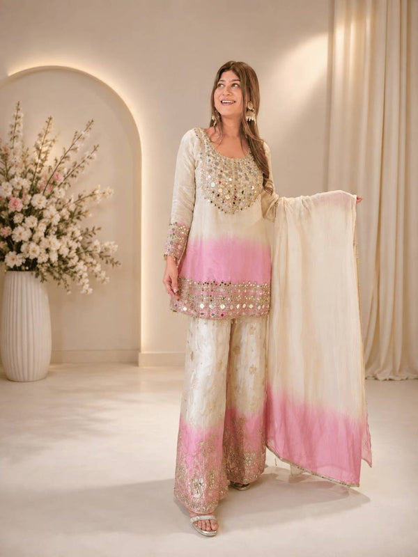 Off-White and Pink Star Georgette Mirror Work Kurta Palazzo Set
