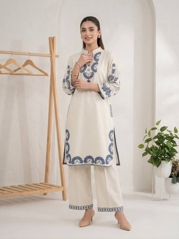 Off-White and Blue Cora Cotton Mirror Work Co-ord Set