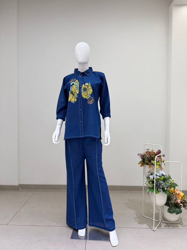 Navy Blue Cotton Embroidered Co-ord Set