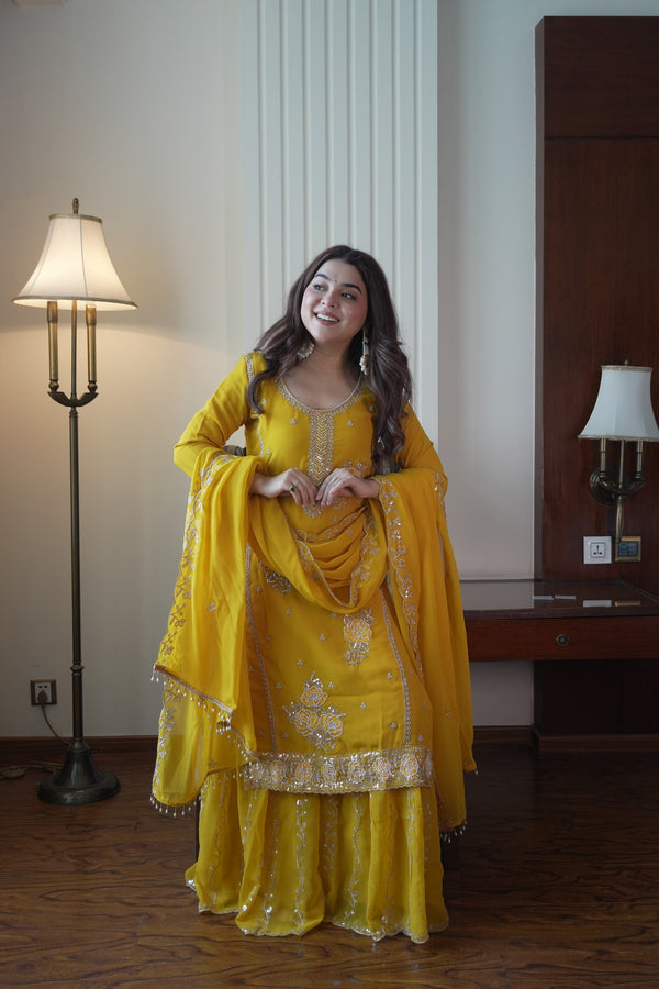 Yellow Fox Georgette Sequin Gharara Set