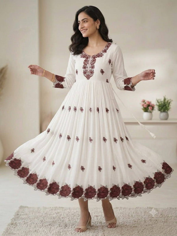 White and Maroon Rayon Embroidered Gown