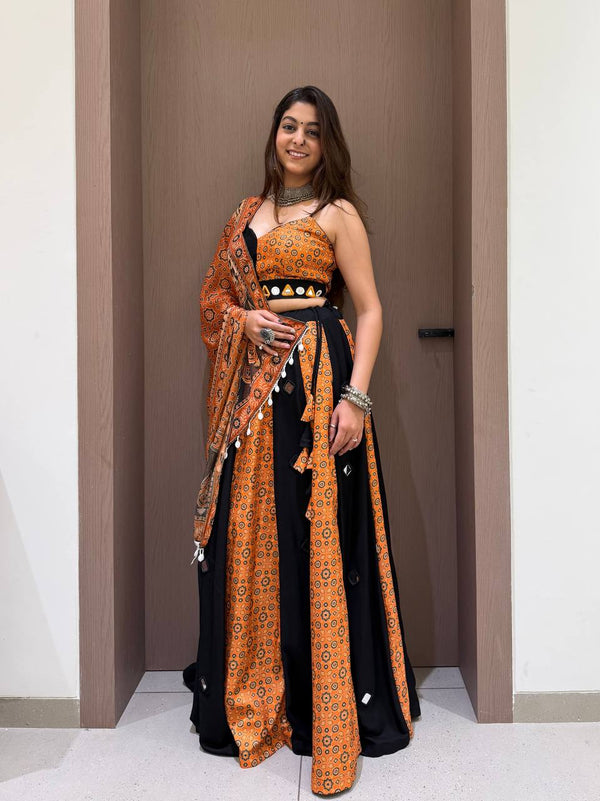 Orange and Black Printed Rayon Mirror Work Lehenga Choli