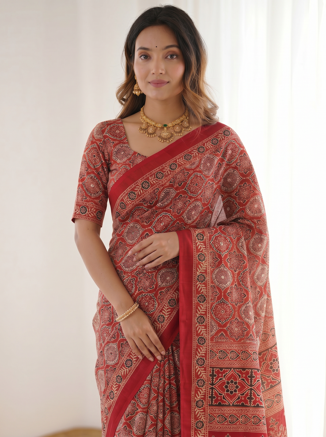 Ruby Red Pure Modal Silk Saree with Heritage Ajrakh Inspired Print