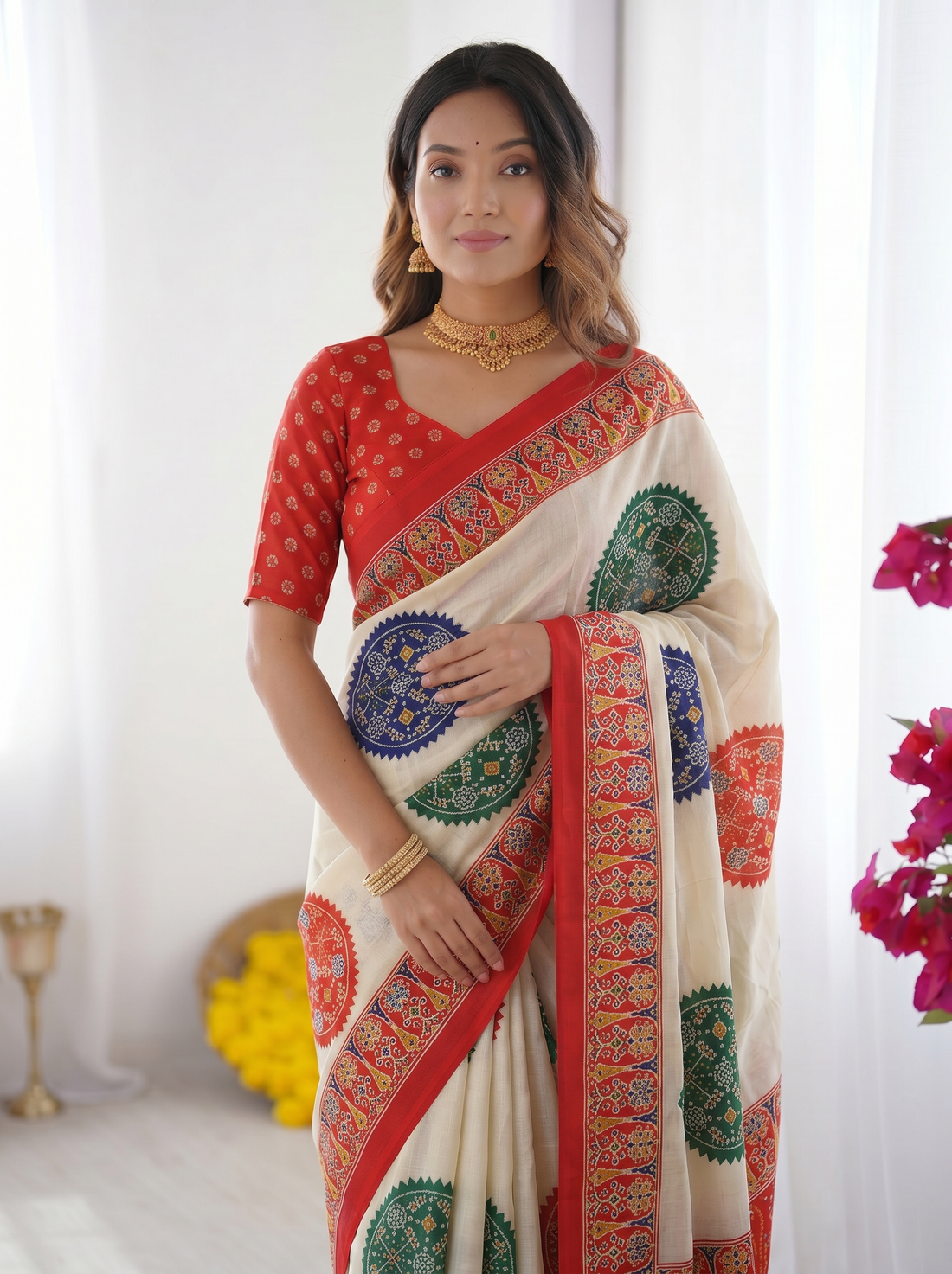 Ivory White & Vermilion Red Pure Modal Silk Saree