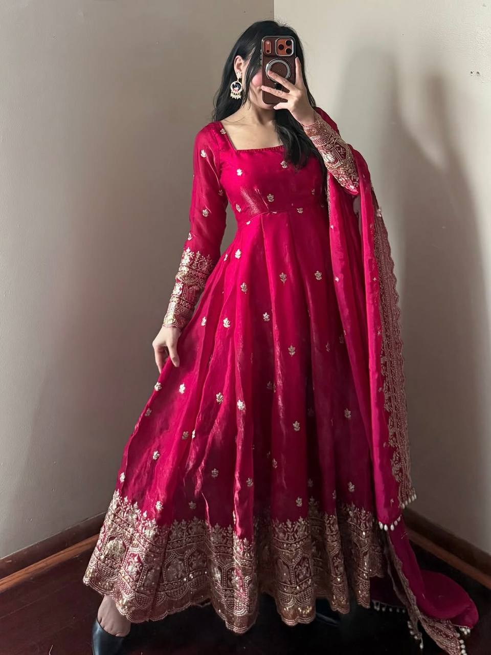Vibrant Magenta-Pink Fendy Silk Embroidered Sequins Work Suit Set