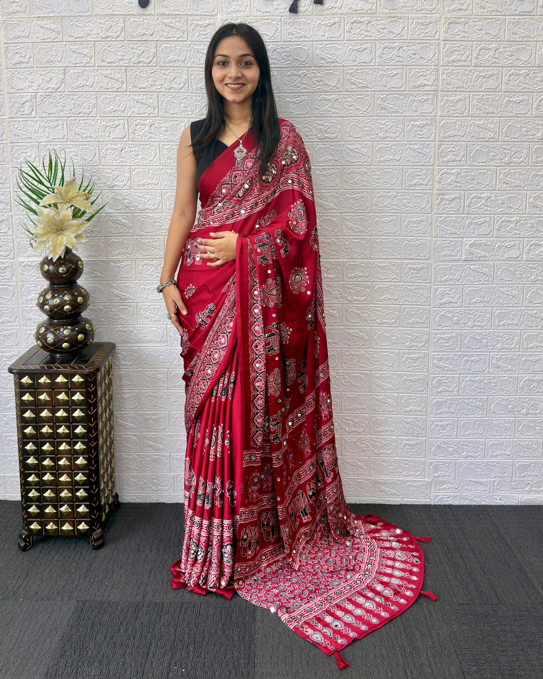 Maroon Modal Silk Ajrakh Print Saree