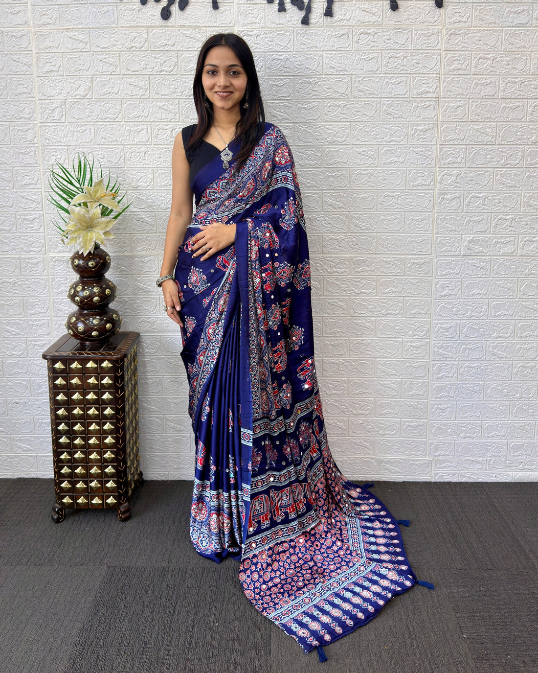 Royal Blue Modal Silk Saree with Elephant Motif Heritage Print
