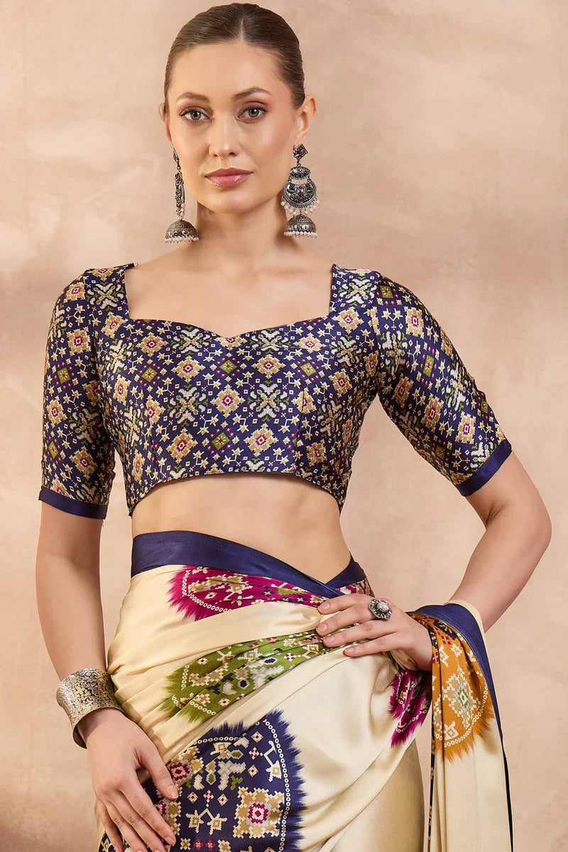 Bright Cream and Navy Blue  Modal Ajrakh Printed Silk Saree