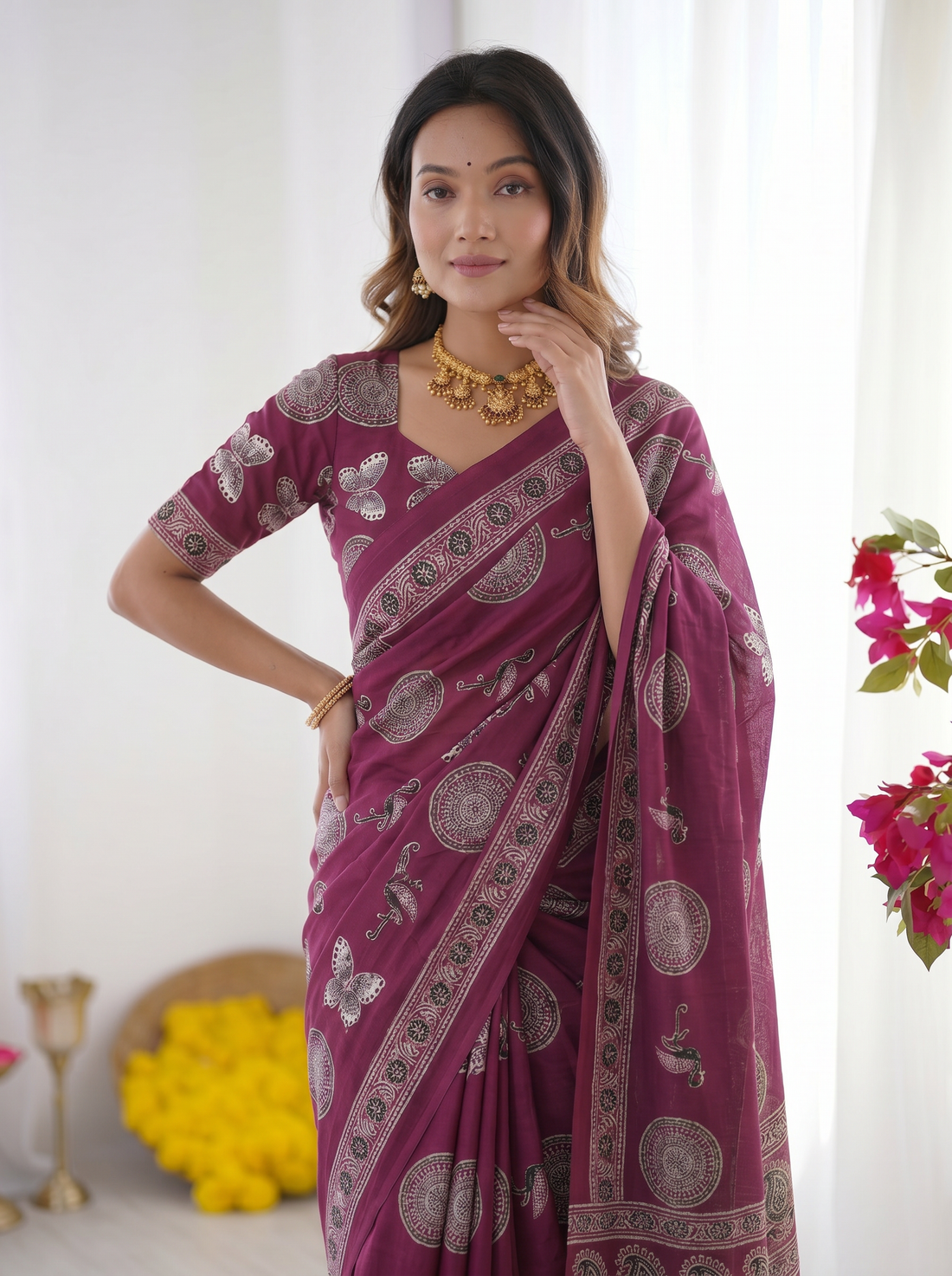 Wine Purple Modal Silk Saree with Traditional Circular Motif Print & Heritage Designer Pallu
