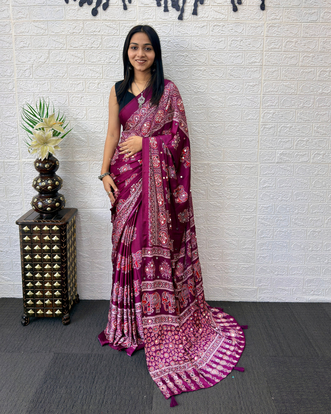 Plum Purple Modal Silk Saree with Elephant Motif Print