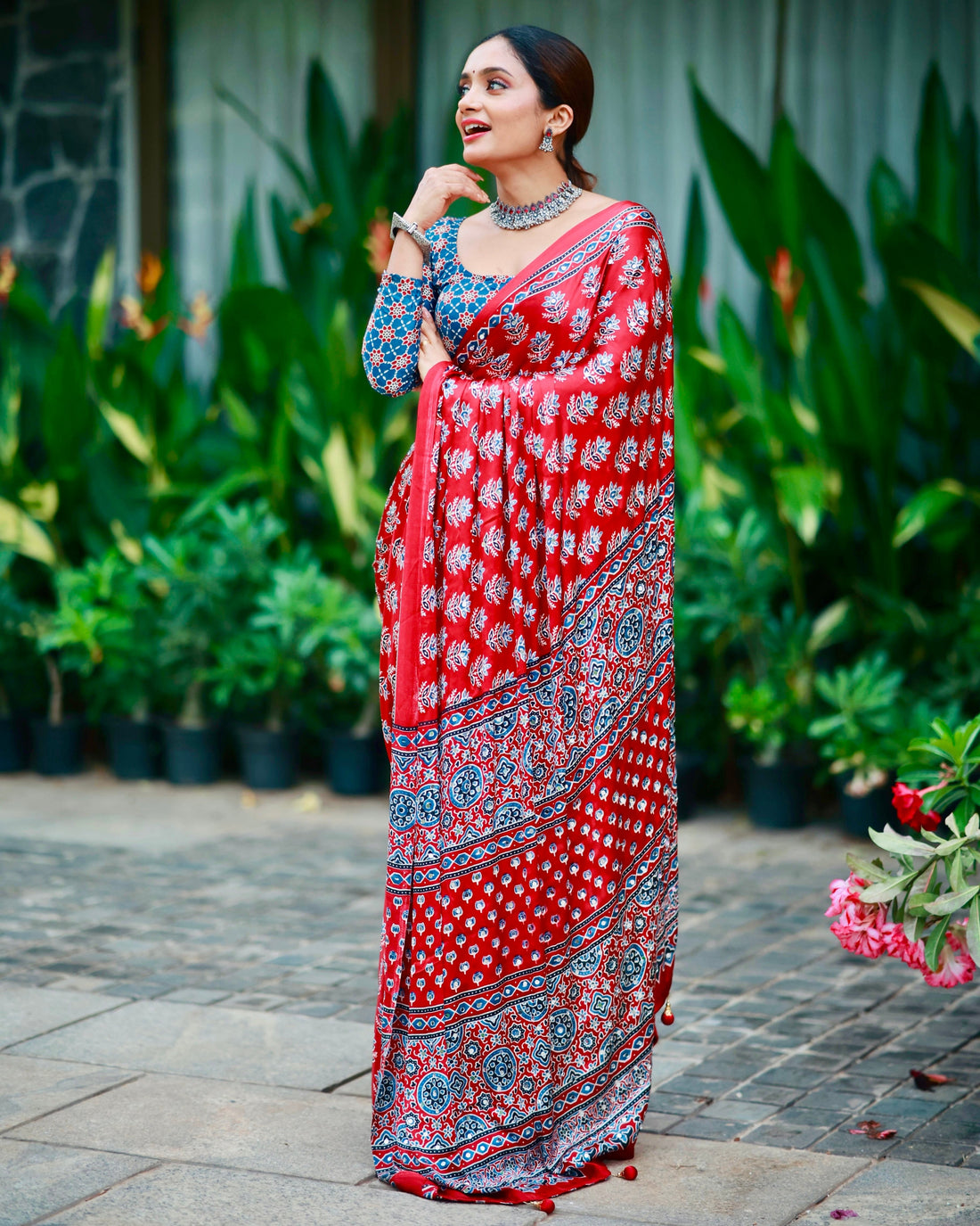 Scarlet Red Pure Modal Silk Saree with Ajrakh Inspired Floral Print & Traditional Heritage Pallu