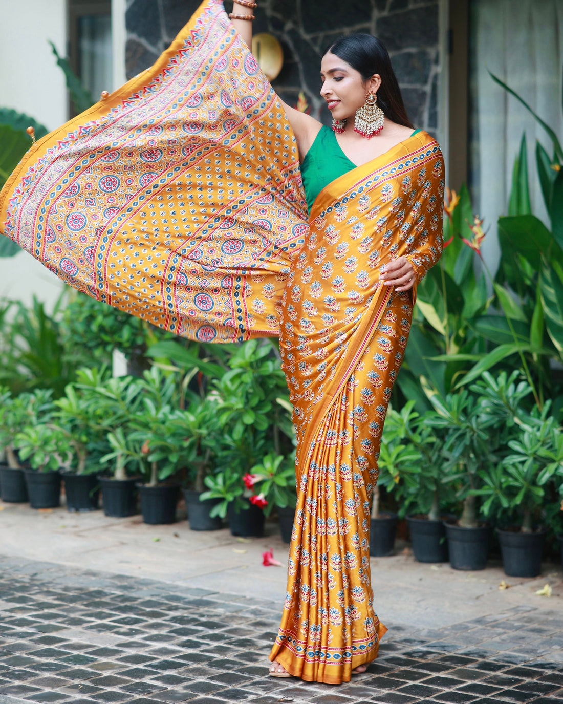 Mustard Gold Pure Modal Silk Saree with Ajrakh Inspired Floral Print & Heritage Designer Pallu