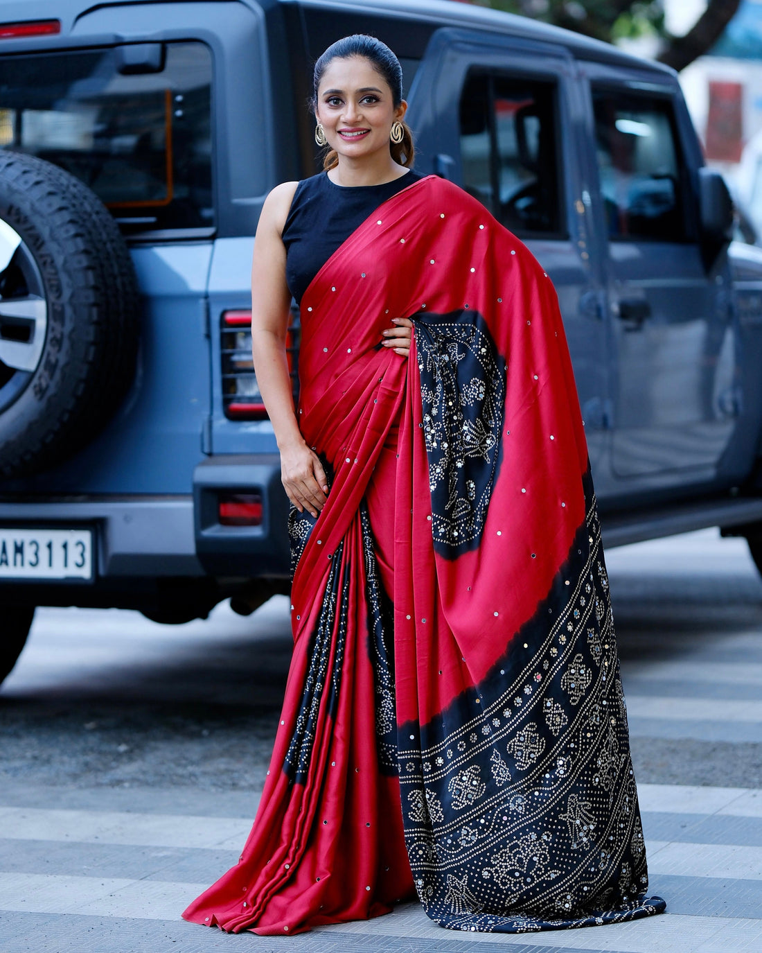 Women’s Ruby Red Pure Modal Silk Saree with Black Folk Art Border & Traditional Tribal Print Designer Pallu