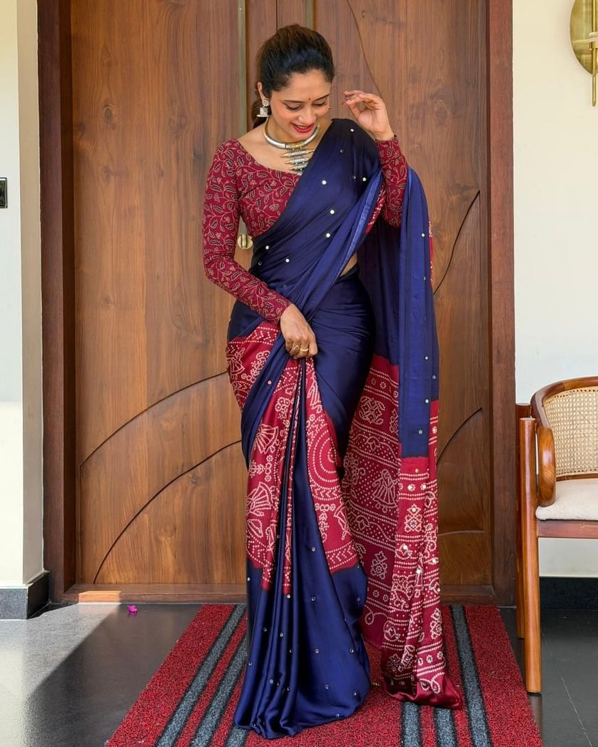 Women’s Royal Navy Blue Pure Modal Silk Saree with Wine Red Folk Art Print & Heritage Designer Pallu