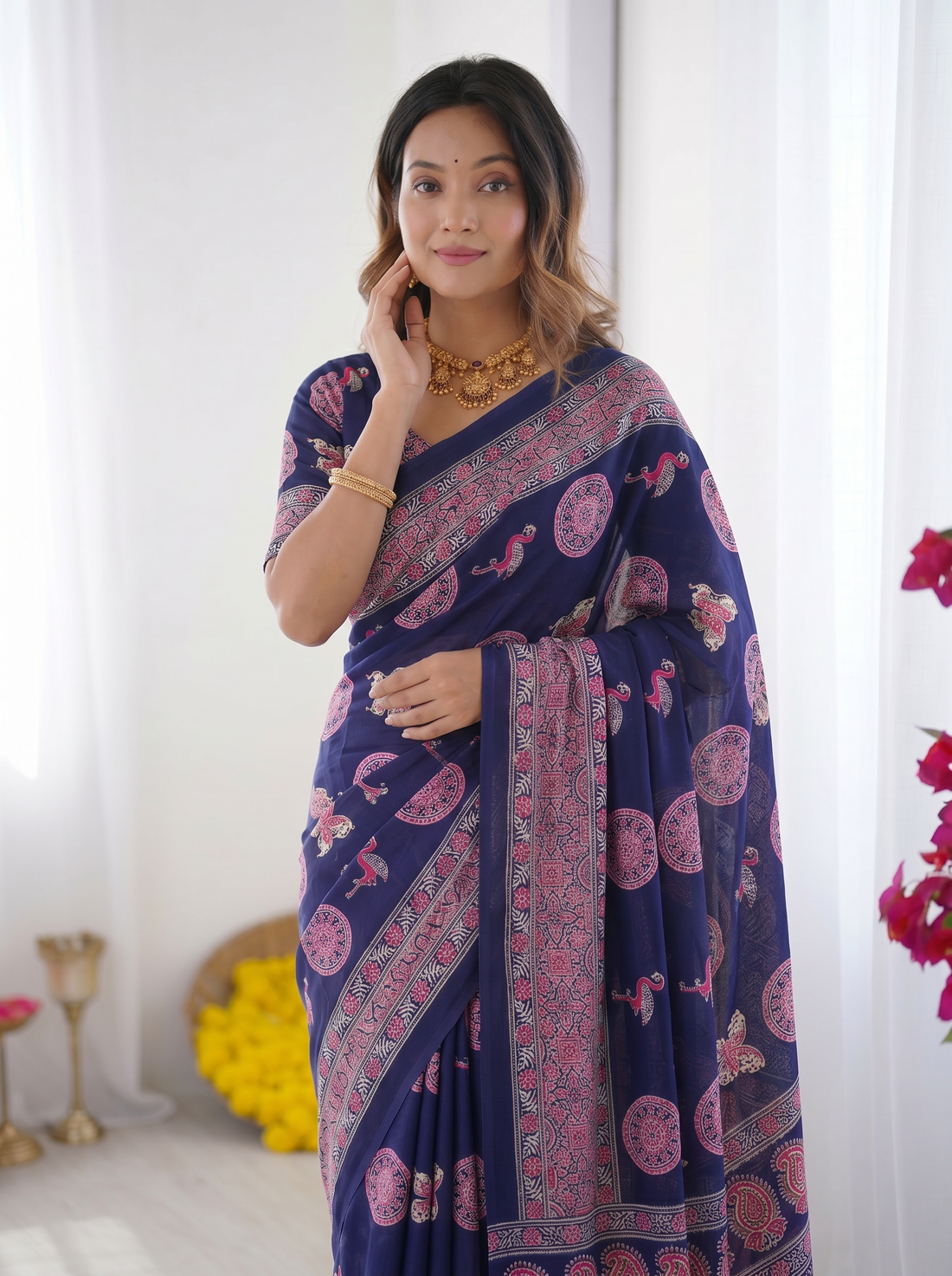 Navy Blue Modal Silk Saree with Paisley & Circular Motif Print
