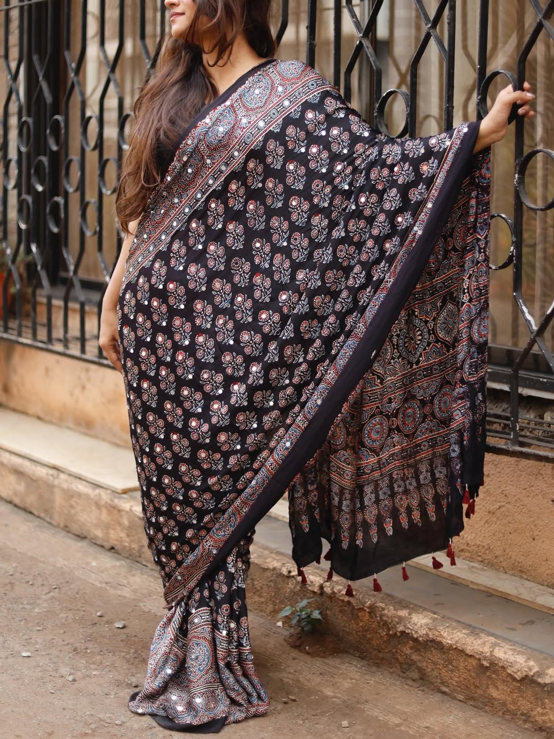Black Ajrakh Printed Modal Silk Saree with Tassels & Attached Blouse