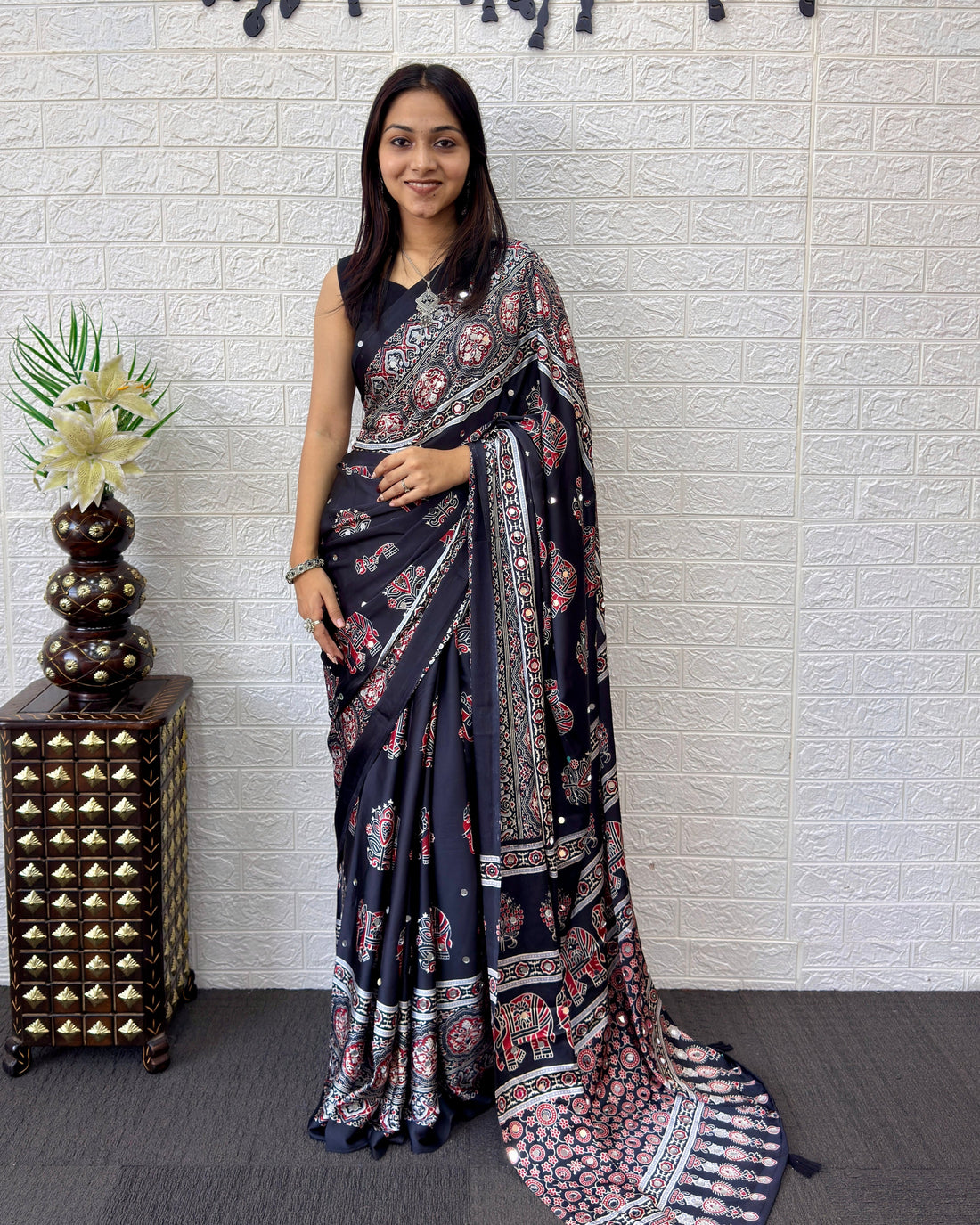 Black Modal Silk Saree with Elephant Motif Ajrakh Print