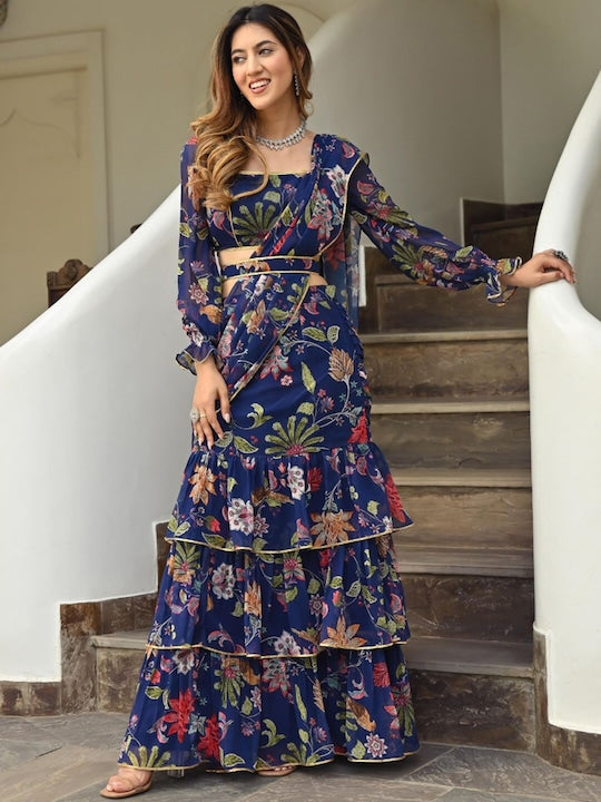 Blue Ready-to-Wear Georgette 3-Layer Ruffle Saree