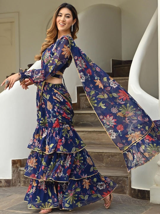Blue Ready-to-Wear Georgette 3-Layer Ruffle Saree