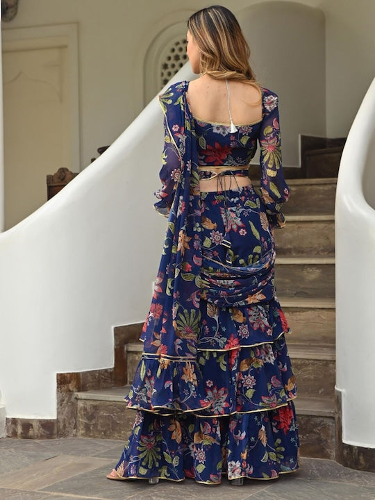 Blue Ready-to-Wear Georgette 3-Layer Ruffle Saree