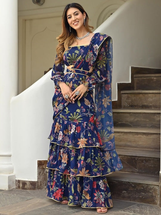 Blue Ready-to-Wear Georgette 3-Layer Ruffle Saree