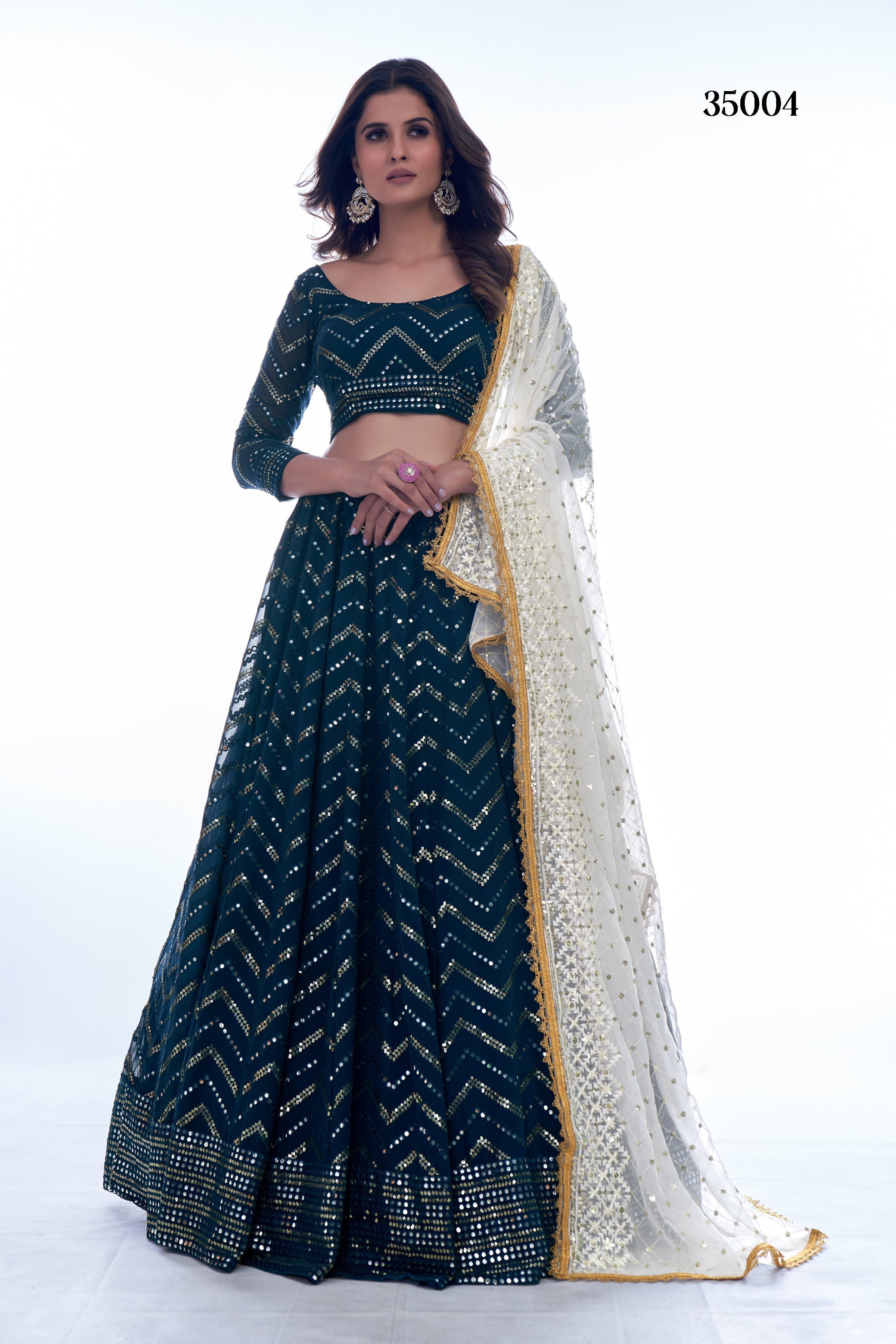 Navy Embellished Semi-Stitched Lehenga Choli Set