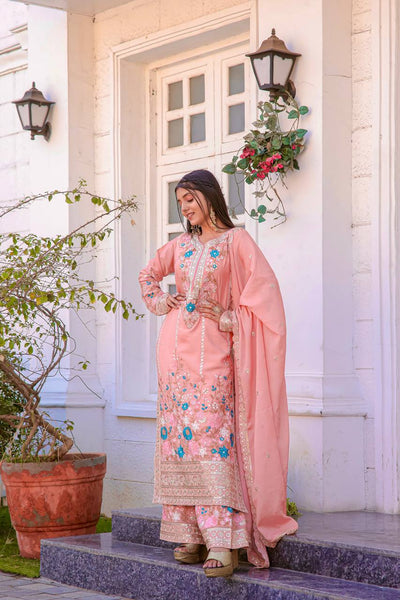 Peach Pink Embroidered Chinon Silk Kurta Palazzo Set with Dupatta