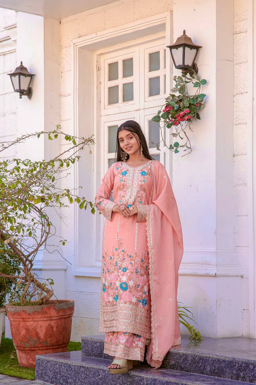 Peach Pink Embroidered Chinon Silk Kurta Palazzo Set with Dupatta