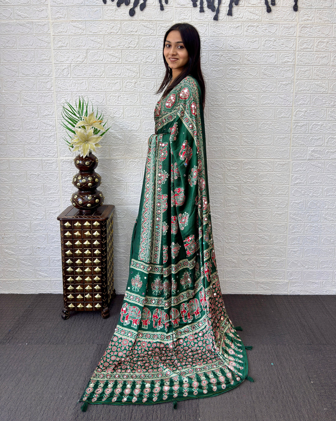 Forest Green Modal Silk Saree with Elephant Motif Ajrakh Print