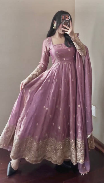 Mauve-pink  Fendy Silk Embroidered Sequins Work Suit Set