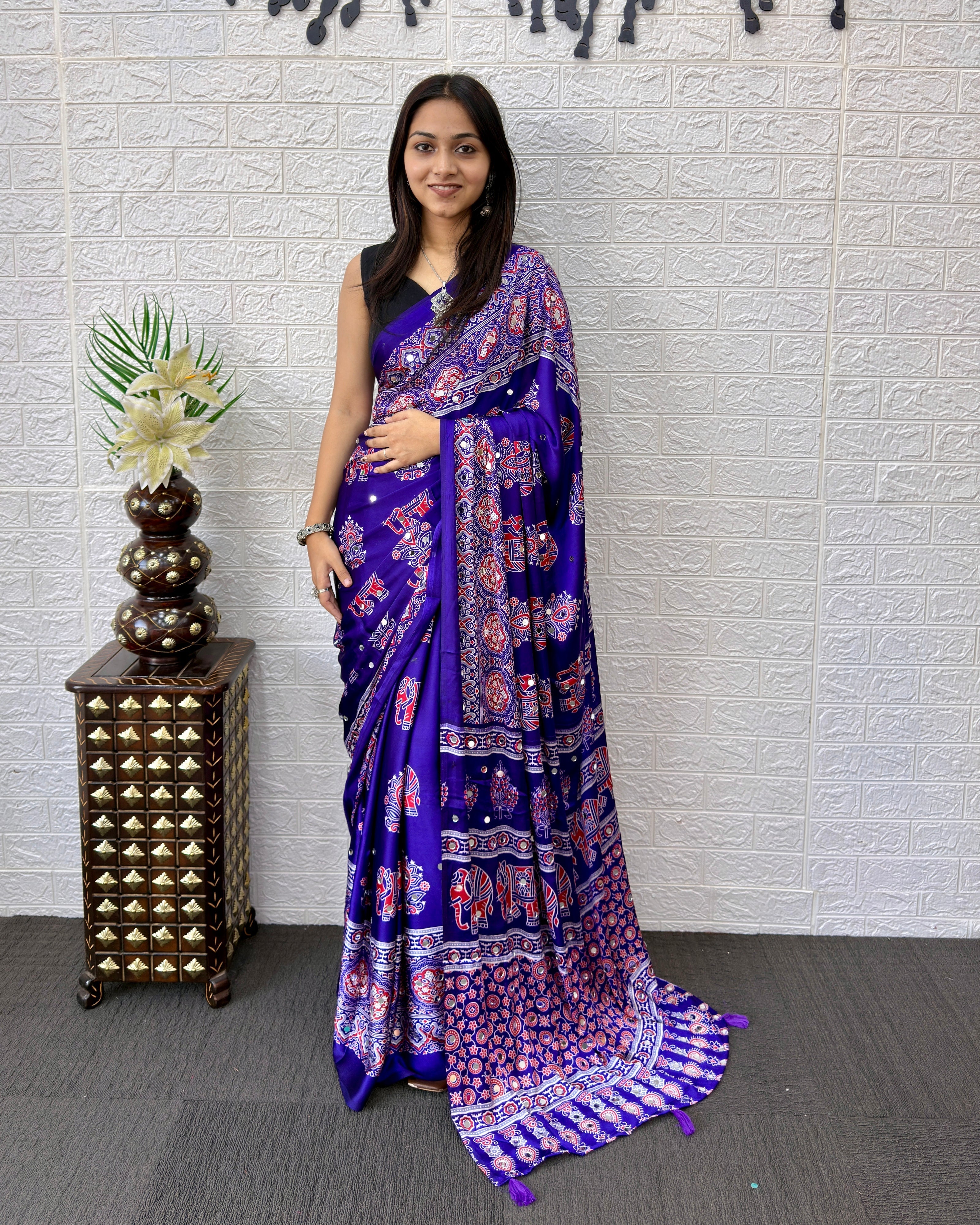 Royal Purple Modal Silk Ajrakh Print Saree with Elephant Motifs, Designer Pallu & Tassels | Festive & Ethnic Wear Saree