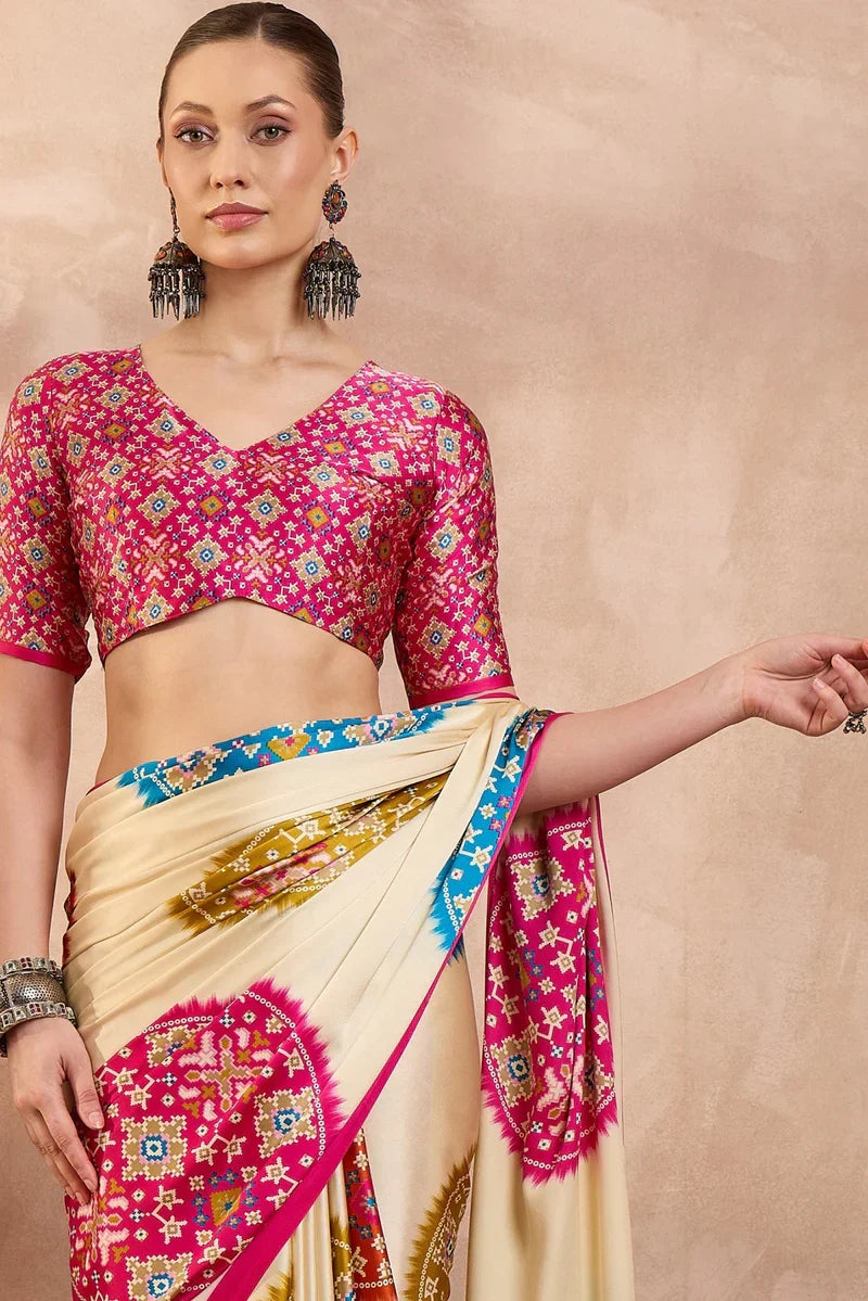Bright Cream and Pink Modal Ajrakh Silk Printed Saree