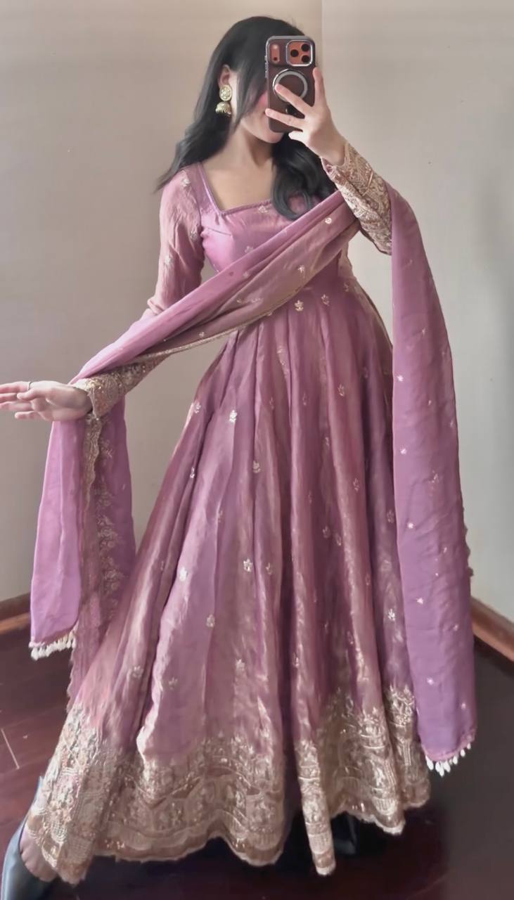 Mauve-pink  Fendy Silk Embroidered Sequins Work Suit Set