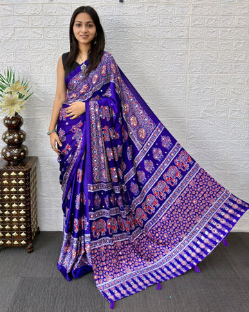 Royal Purple Modal Silk Ajrakh Print Saree with Elephant Motifs, Designer Pallu & Tassels | Festive & Ethnic Wear Saree