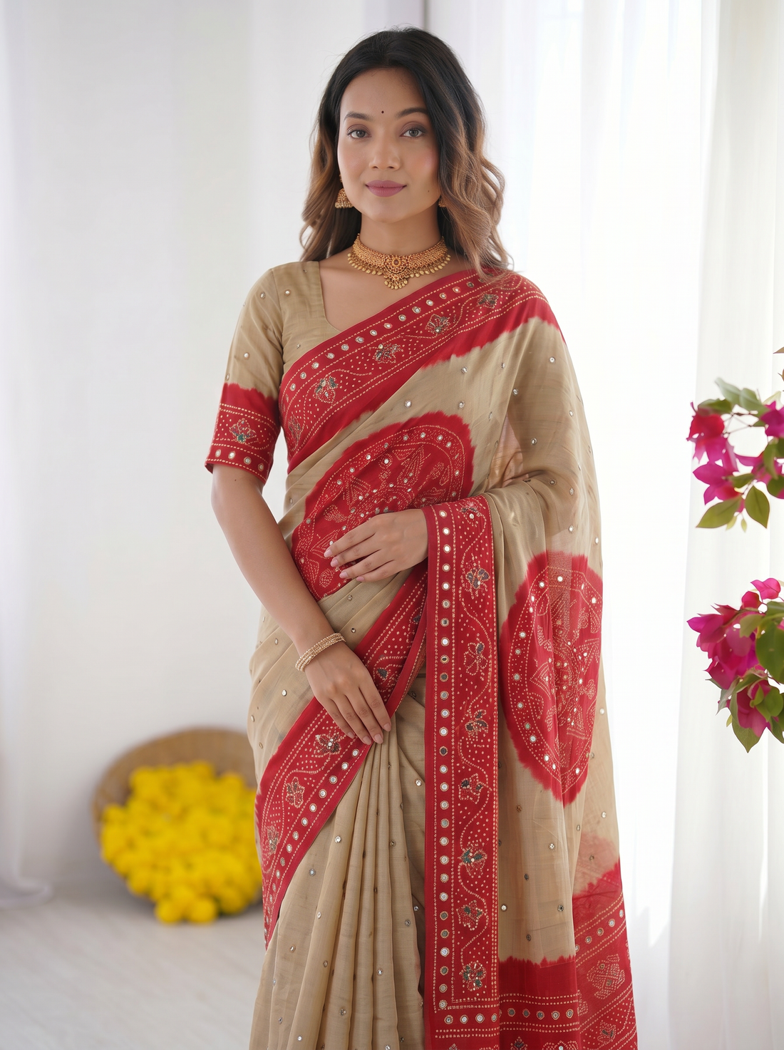 Beige & Crimson Red Bandhani Inspired Modal Silk Saree with Traditional Folk Print Pallu & Stone Embellishments