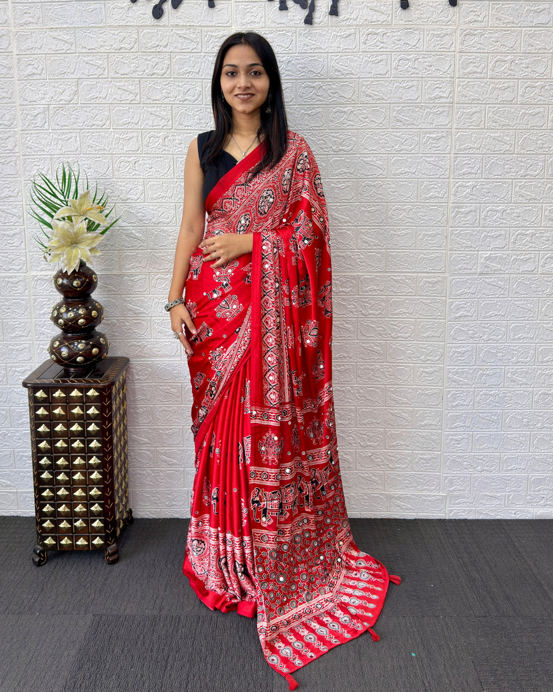 Rust Red Modal Silk Saree with Elephant Motif Ajrakh Print & Designer Pallu