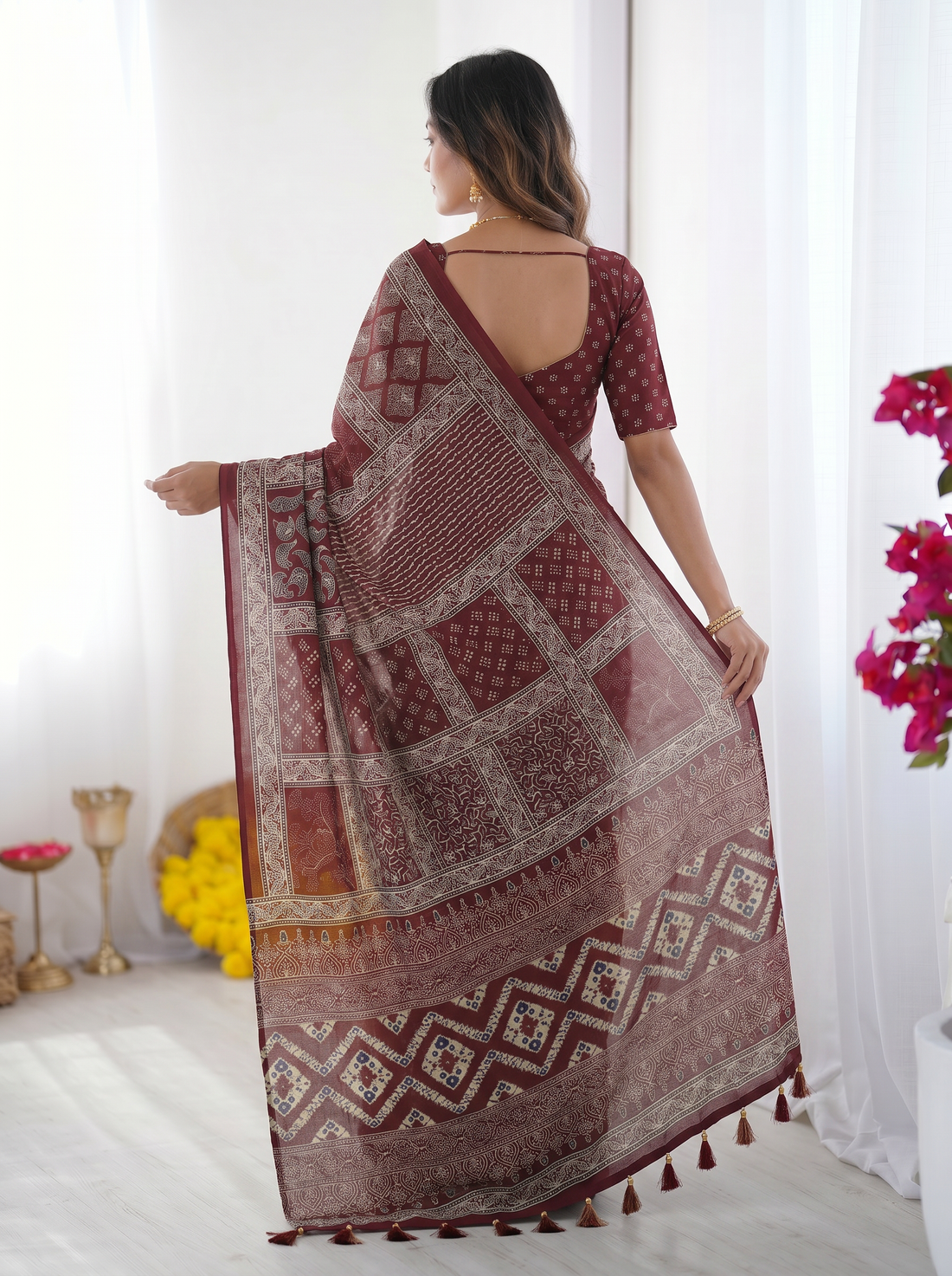 Maroon Modal Silk Saree with Tribal & Geometric Print | Designer Ethnic Pallu Saree