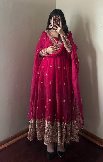 Vibrant Magenta-Pink Fendy Silk Embroidered Sequins Work Suit Set