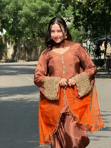 Royal Rust Embroidered Silk Kurta Set with Orange Dupatta