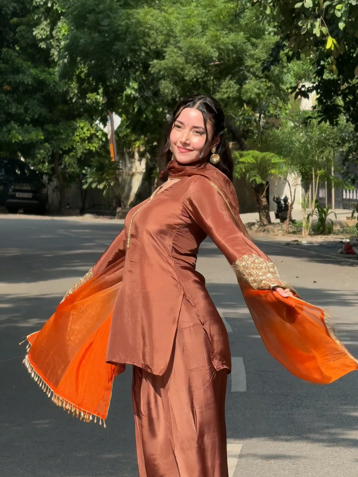 Royal Rust Embroidered Silk Kurta Set with Orange Dupatta