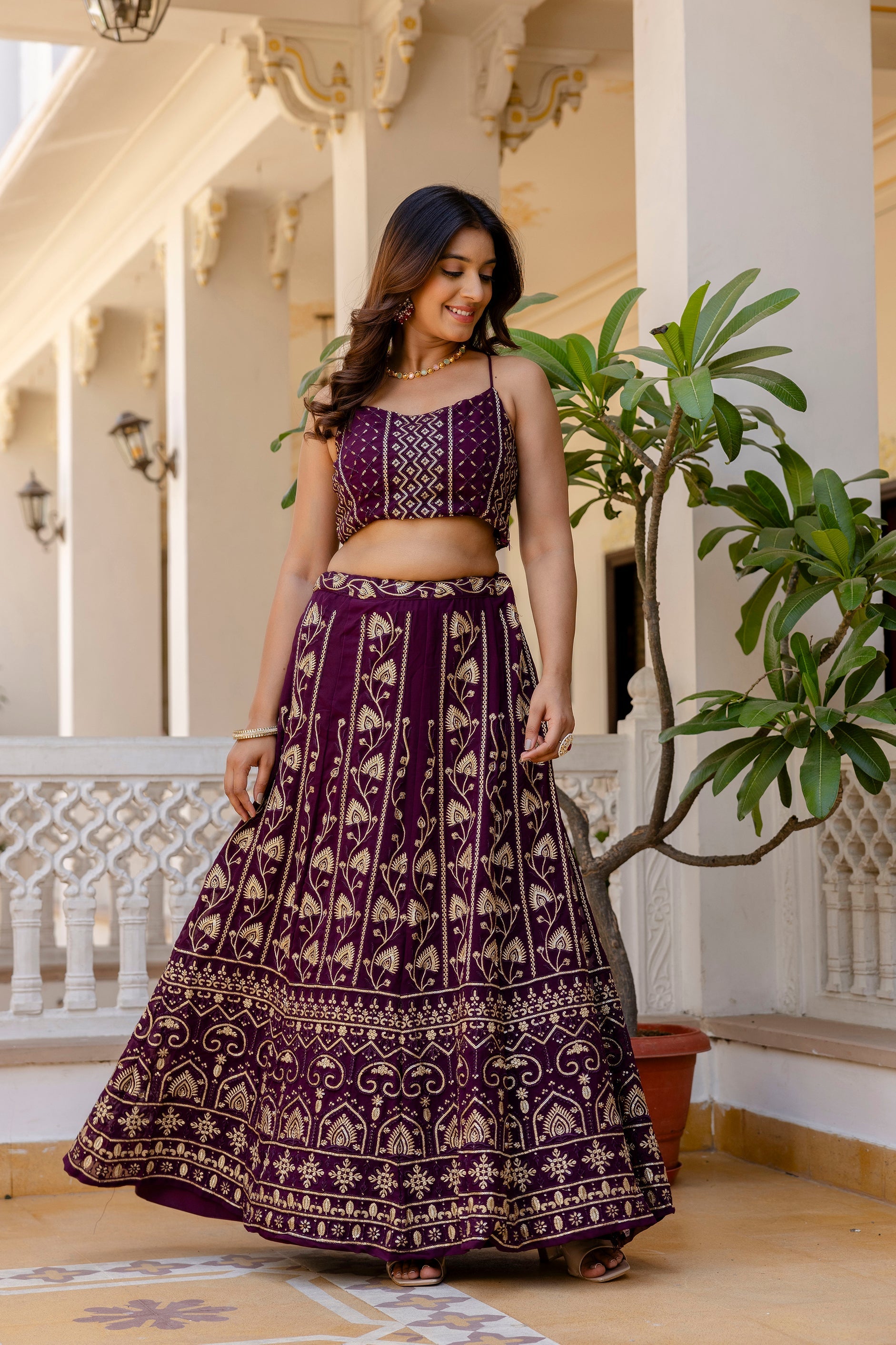 Purple Embroidered Georgette Lehenga Set with Sequins Work