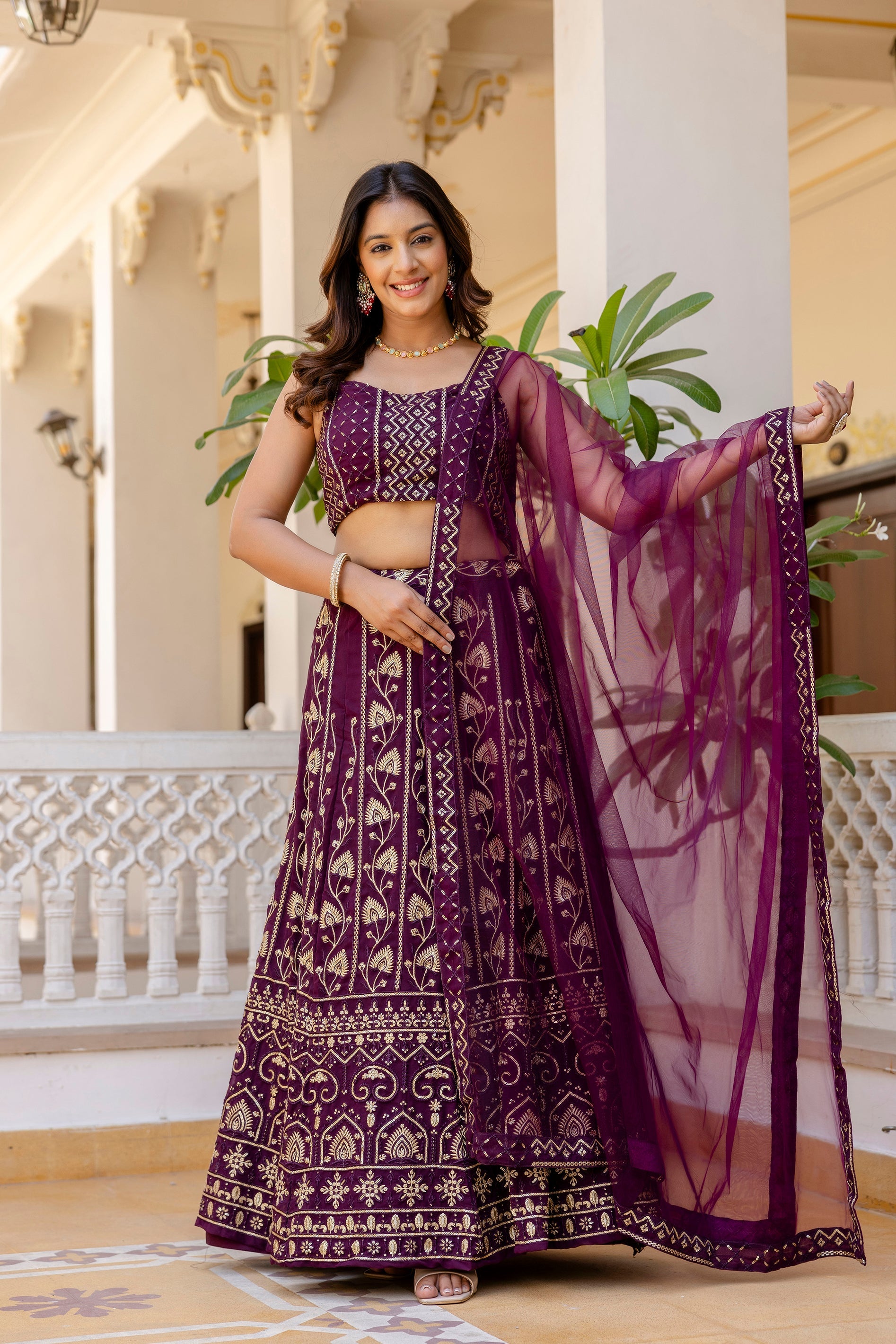 Purple Embroidered Georgette Lehenga Set with Sequins Work