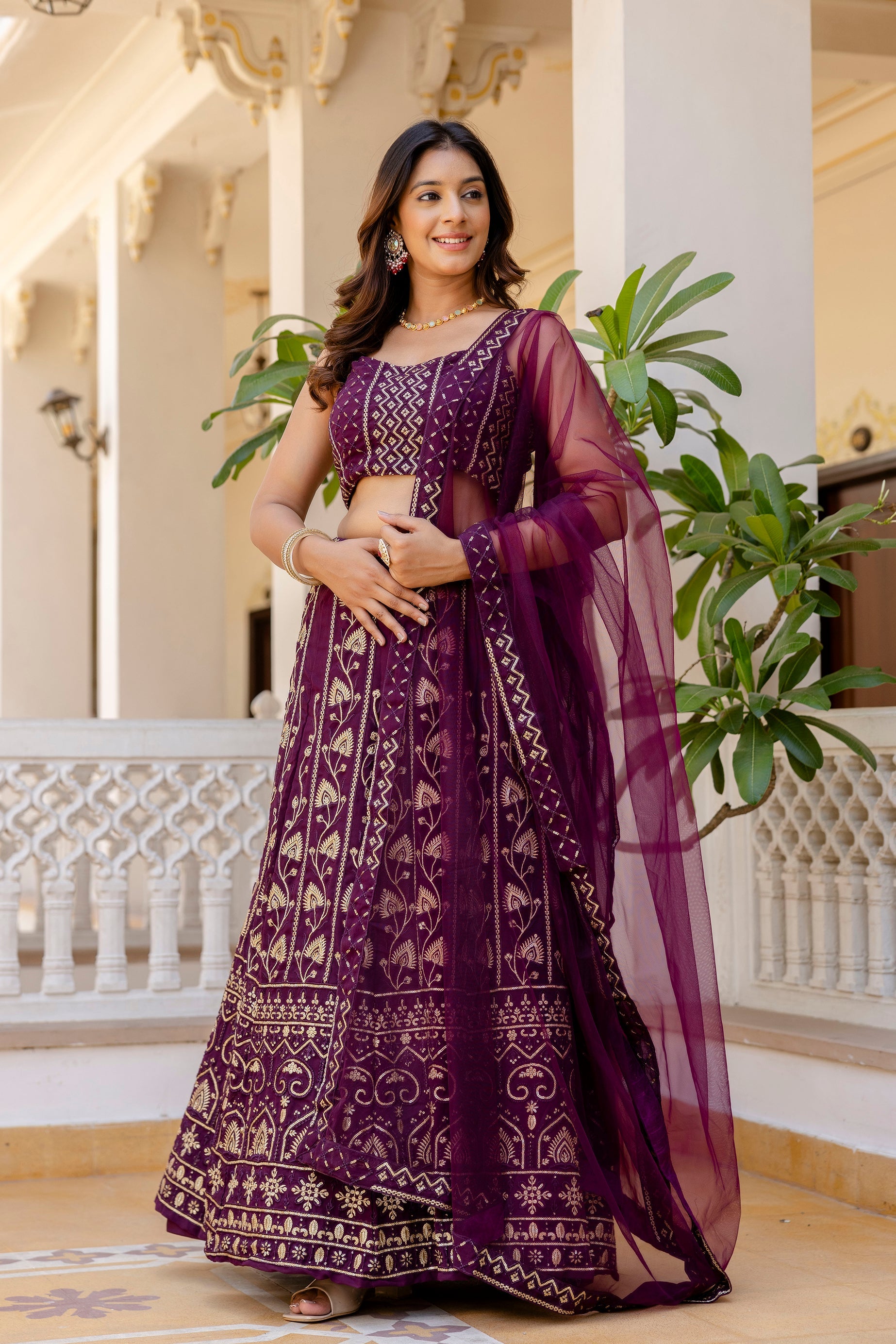 Purple Embroidered Georgette Lehenga Set with Sequins Work