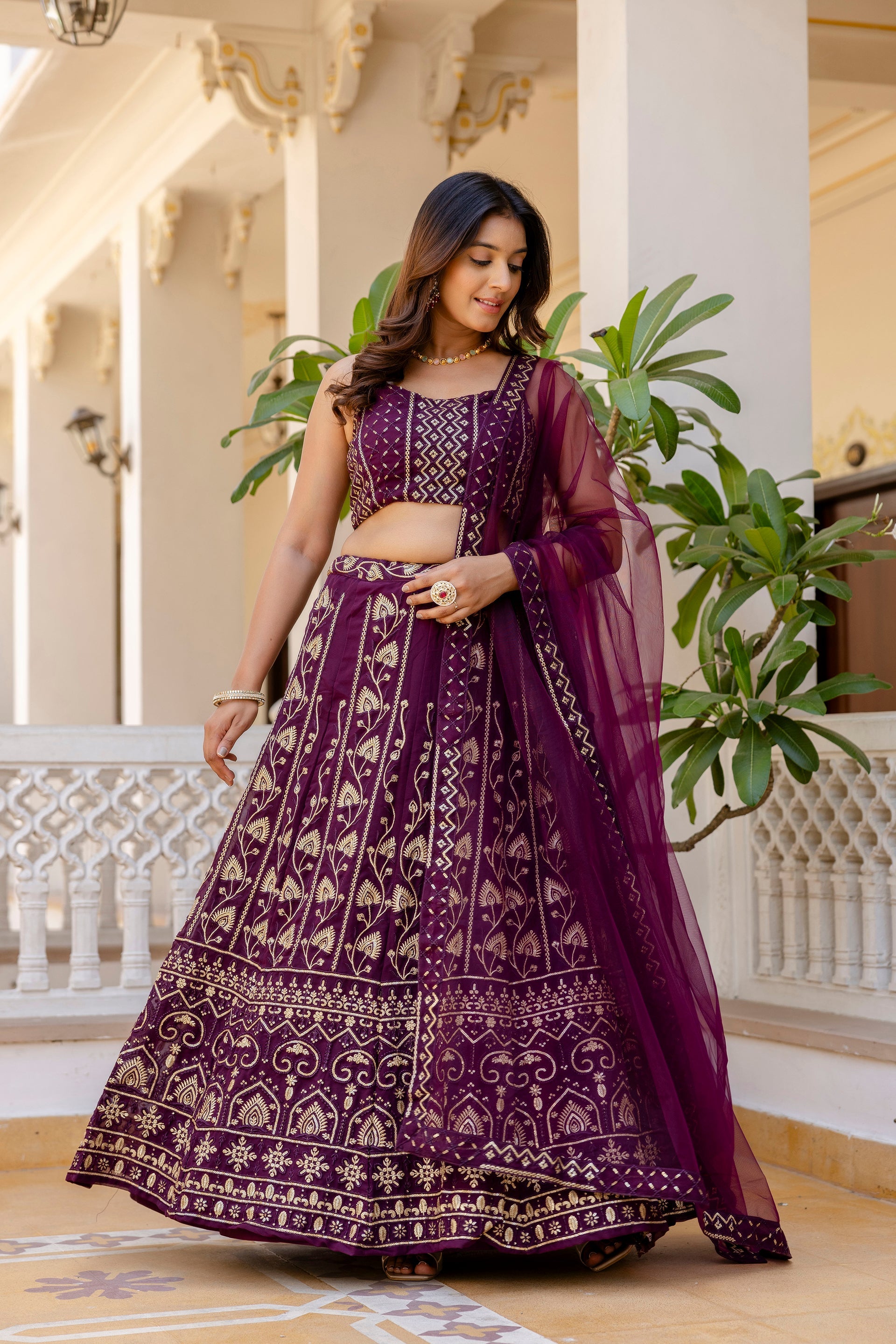 Purple Embroidered Georgette Lehenga Set with Sequins Work