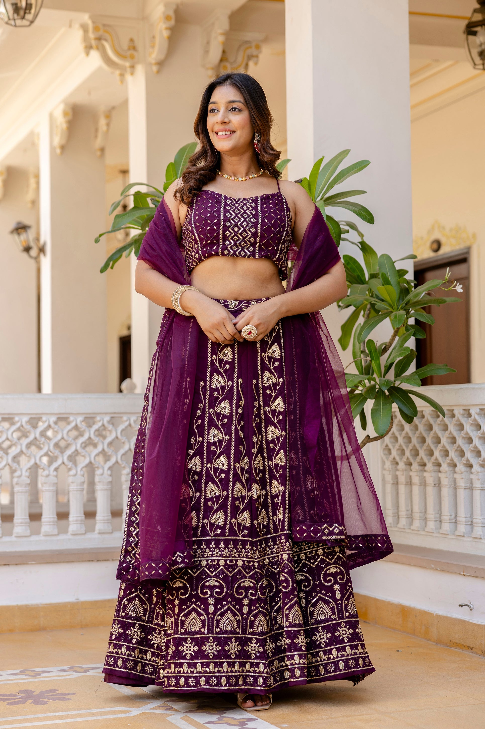 Purple Embroidered Georgette Lehenga Set with Sequins Work