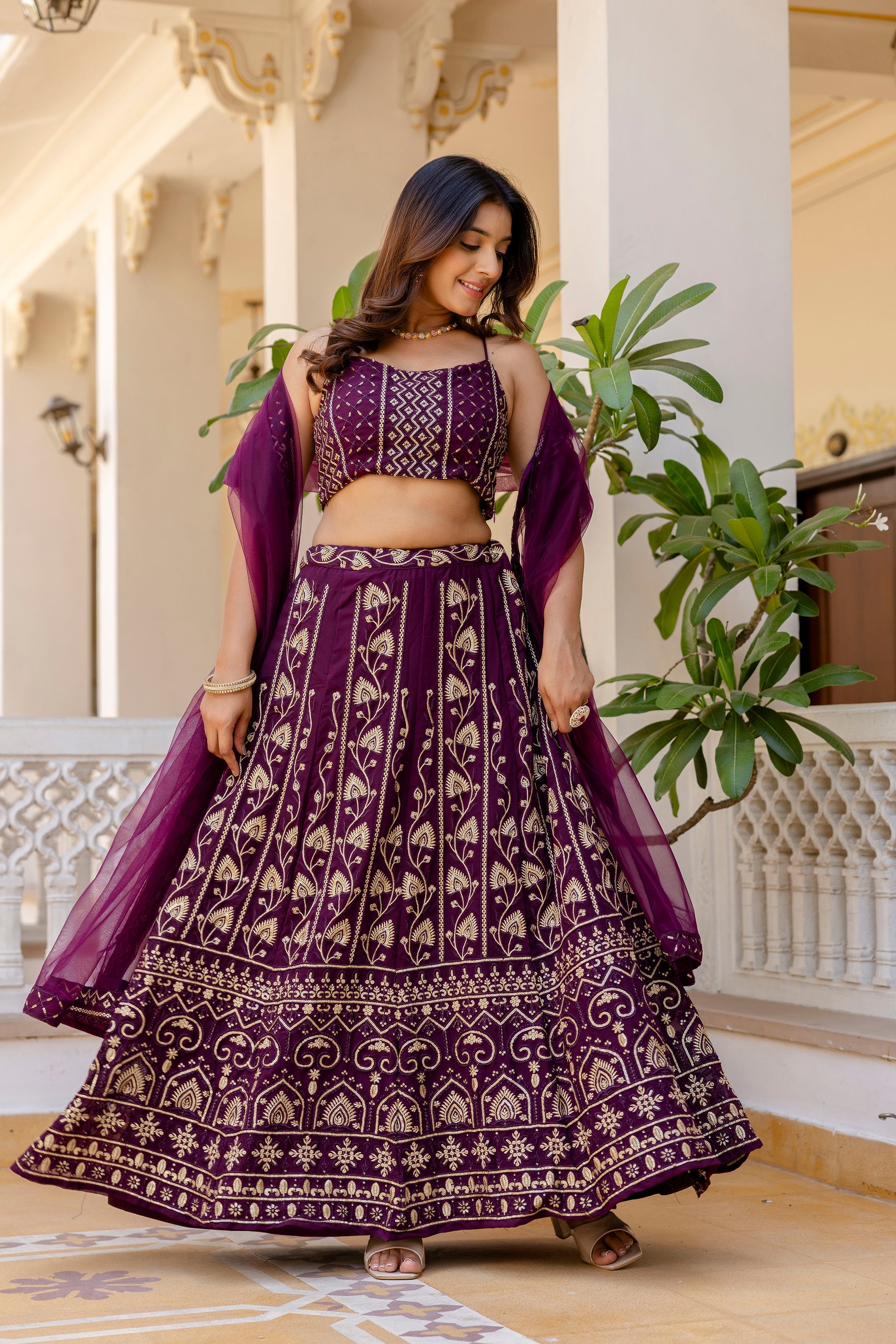 Purple Embroidered Georgette Lehenga Set with Sequins Work