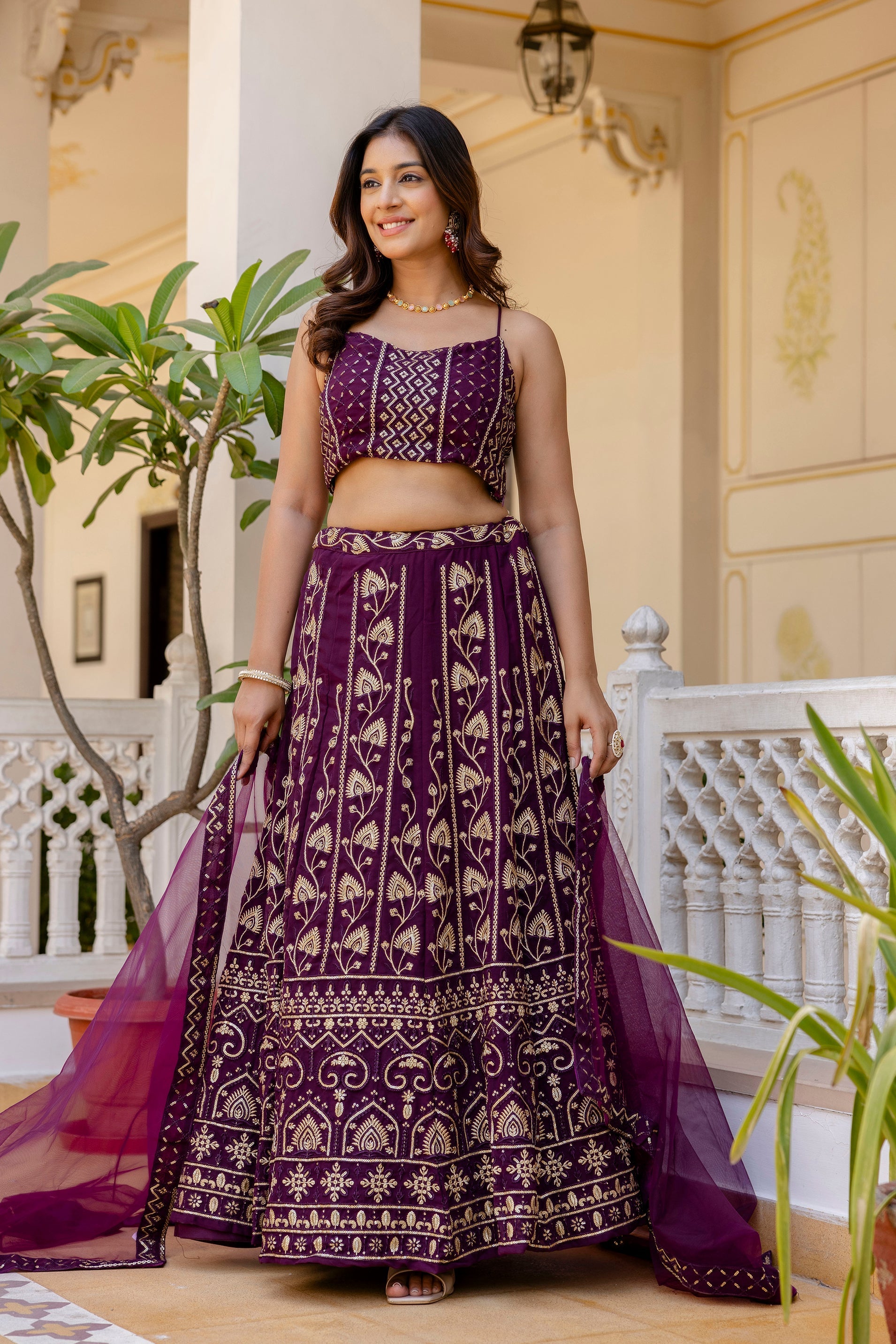 Purple Embroidered Georgette Lehenga Set with Sequins Work