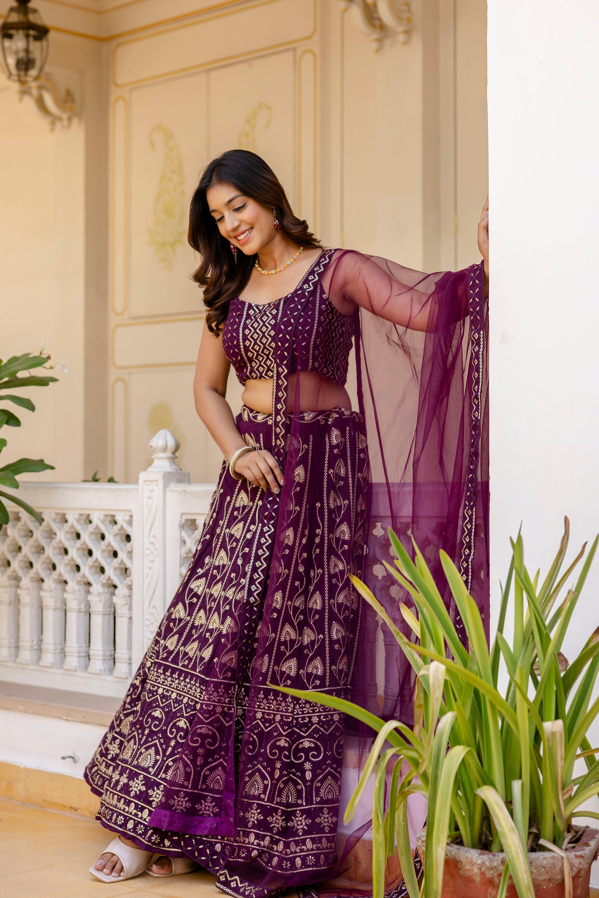 Purple Embroidered Georgette Lehenga Set with Sequins Work