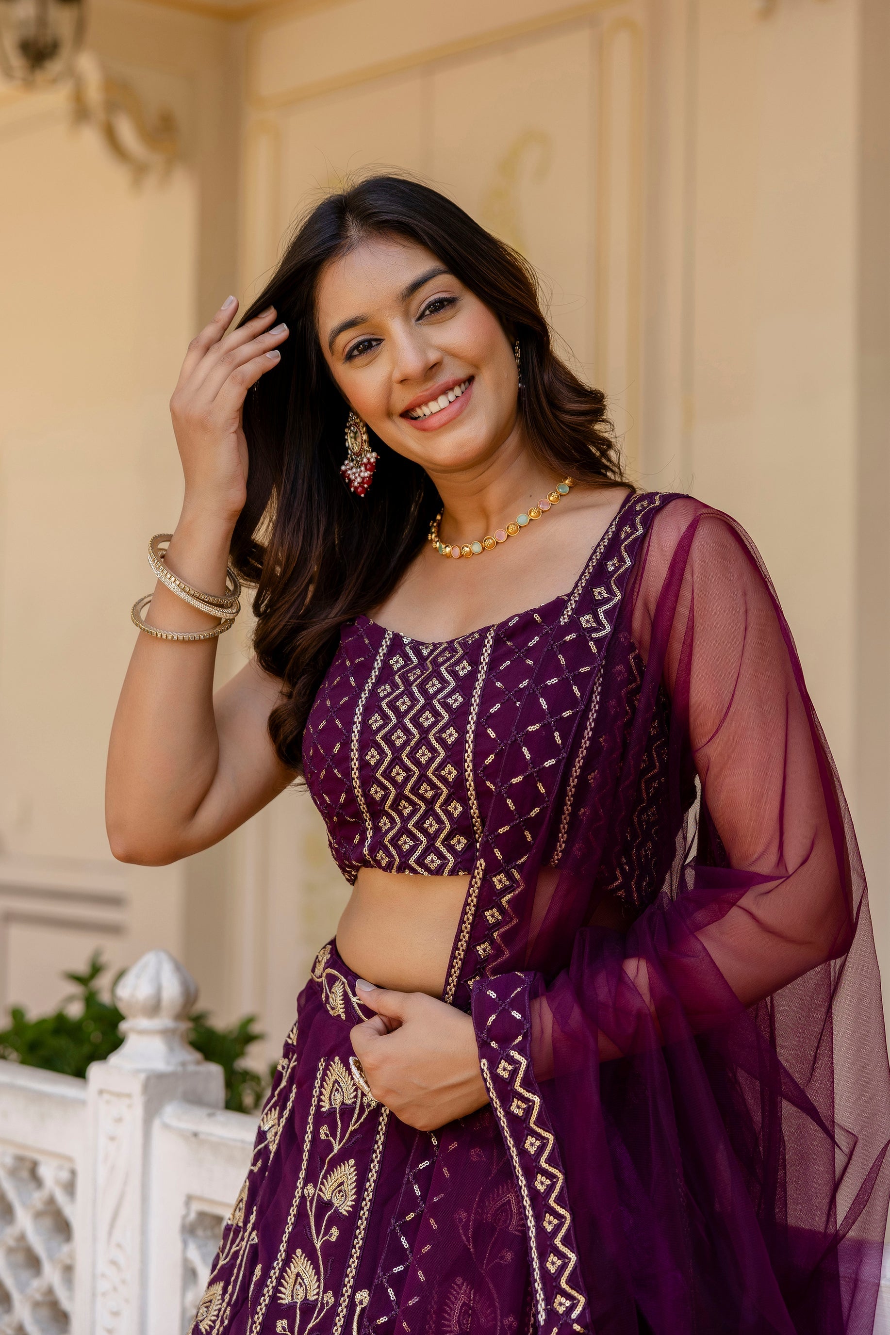 Purple Embroidered Georgette Lehenga Set with Sequins Work